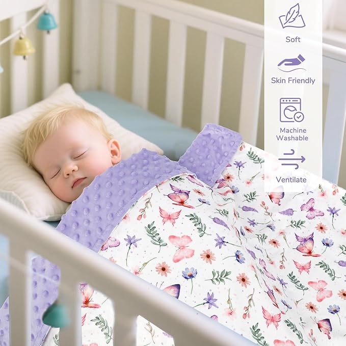Pea Pod Baby Girls Blanket Soft Butterfly Minky Blanket for Newborn, 30'' x 40'' Double Layer Design, Dotted Backing Warm Baby Quilt Crib Blanket for Nursery/Stroller/Toddler Bed/Baby Car Seat