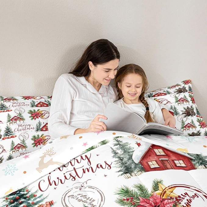 Merry Christmas Kids Comforter Set Twin Size,Poinsettia Winter Xmas Pine Tree Bedding Set Room Decor,Snowflake Rustic Farmhouse Quilt Comforter,Red Green White Duvet Set Bedroom Quilt Set,1 Pillowcase