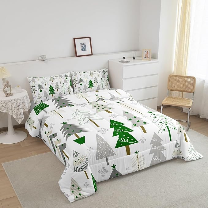 Castle Fairy Xmas Trees Full Size Comforter Set,Merry Christmas Pine Hand Drawn Bedding Comforters Bedroom Collection,Green Plant Snowflakes Winter Bedding Set for Girls Teens