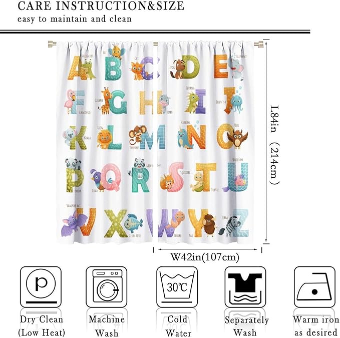 Kids Alphabet Curtains Educational Baby Cartoon Animals Colorful Cute Curtain with Rod Pocket for Nursery Living Room Home Decor Drapes Window Treatments 2 Panels Set 84x84in