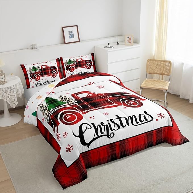 Manfei Xmas Truck Comforter Set Full Size, Christmas Tree Snowflake Print Bedding Set 3pcs for Kids Boys Girls Bedroom Decor, New Year Theme Red Plaid Print Quilt Set with 2 Pillowcases
