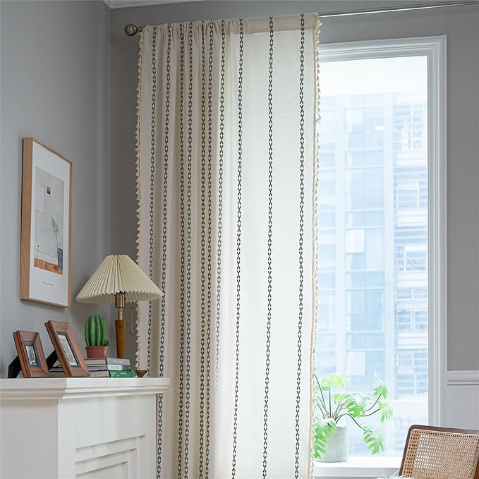 Deeprove Light Gray Boho Curtains 63 inches Length for Kitchen, Vintage Bohemian Embroidery Farmhouse Cotton Linen Striped French Country Tassel Window Treatments Decor, W52 x L63, 1 Panel