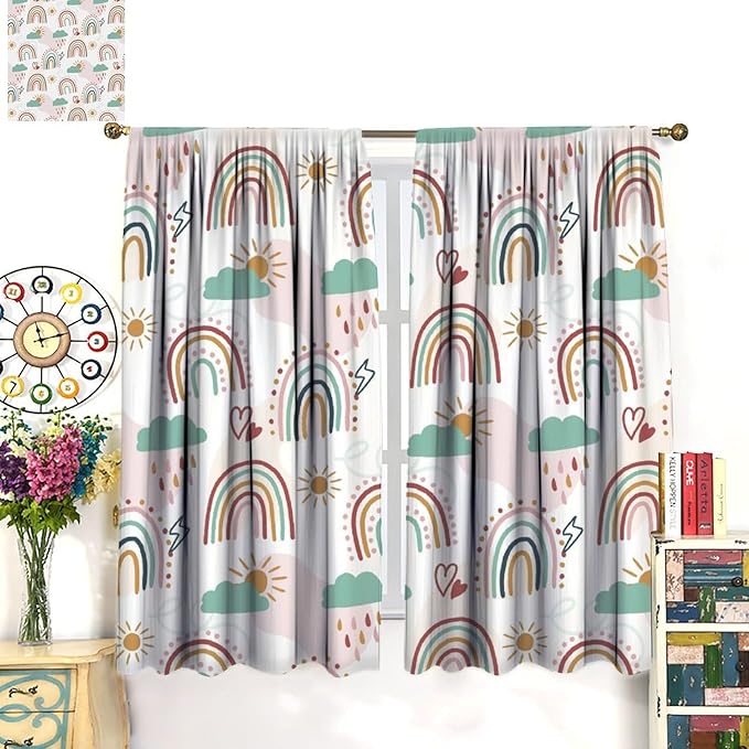 Kids Rainbow Curtains Boho Cartoon Colorful Stars Love Heart Lovely Abstract Art Pattern Print Window Drapes for Girl Bedroom Living Room Kitchen Decor,2 Panel Set,42Wx54H Inch Blackout