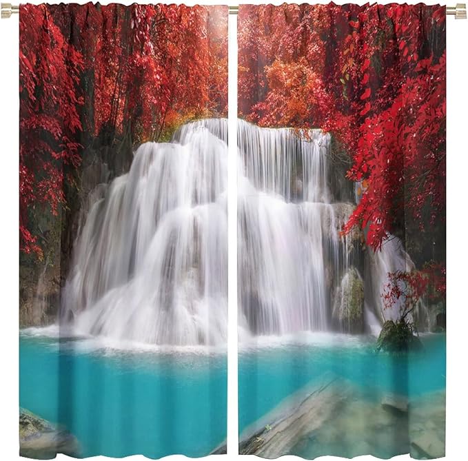 Red Forest Waterfall Blackout Windows Curtains, Tree Landscape Woodland Scenic Nature Fall Scenery Art Printed Curtains, for Living Room Bedroom 63x63in 2 Panels