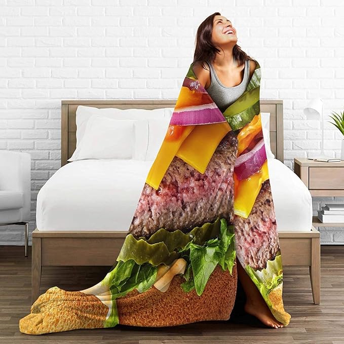 Hamburger Blanket for Girls Boys Funny Food Burger Throw Blankets Soft Cozy Warm Fuzzy Fleece Cheese Beef Pickles Bedding Flannel Throws Stuff Gifts for Kids Men Women Bedroom Decor 50"x40"