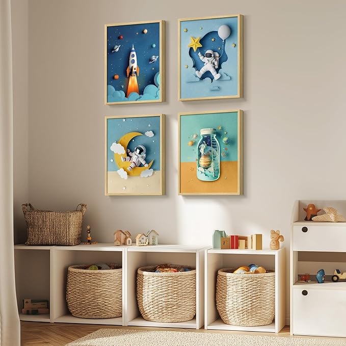 Framed Space Astronaut Wall Art for Boys Room, 4 Piece Cool Space Themed Canvas Wall Art Prints for Nursery, Rocket Artwork for Kids Room, Bedroom, Baby Room, Playroom, 12x16 Inch
