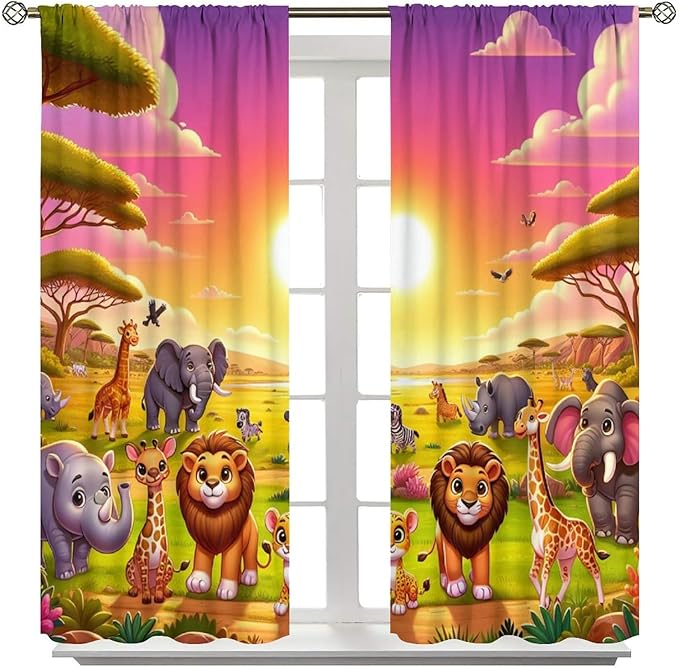 West Animal Curtains Kids Boys Girls Window Treatment Africa Cartoon Animals Lion Elephant Giraffe for Nursery Baby Bedroom Playroom Decor Window Drapes 42" W X 63" L