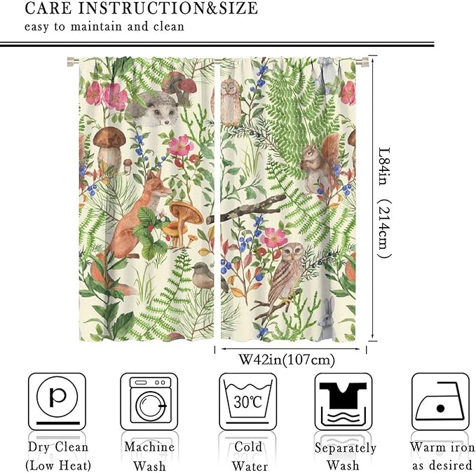 Forest Animal Curtains, Kids Rustic Wild Animal Window Treatments Watercolor Cute Woodland Fox Hedgehog Window Drapes for Nursery Toddler Bedroom 84x84in