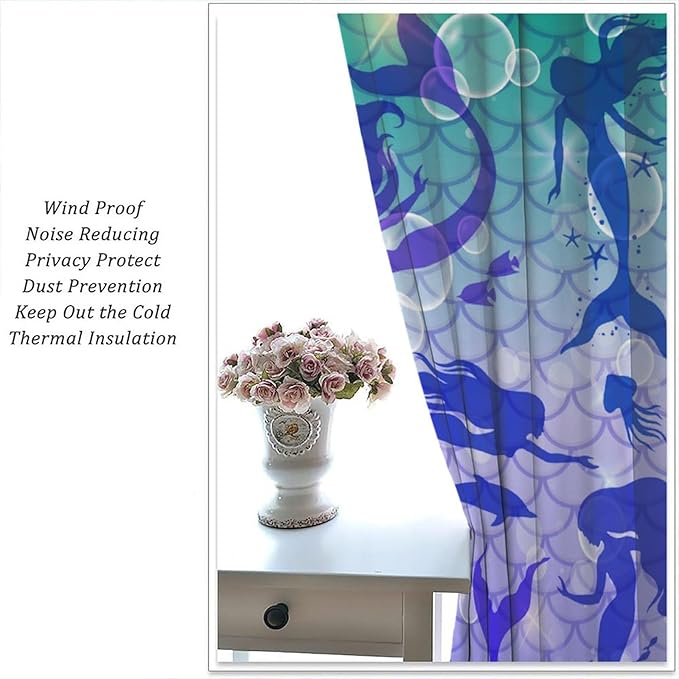 Mermaid Kids Girls Curtains Fantasy Mermaid Silhouette Ocean Theme Beautiful Blackout Window Treatment for Girls Bedroom Nursery Room Decor Rod Pocket Window Drapes 63" W X 63" L