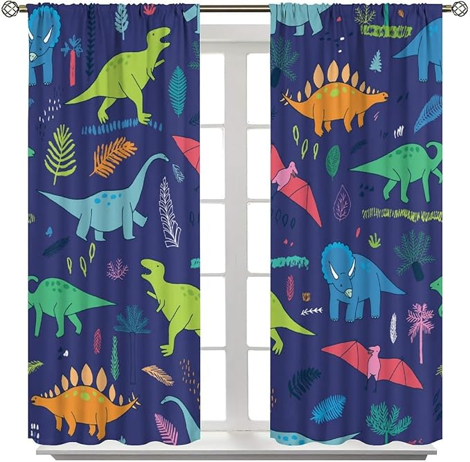 Dinosaurs Blackout Curtains Cute Cartoon Animals Dino Tropical Plant Colorful Art Print for Kids Boys Bedroom Living Room Rod Pocket Decoration Window Drapes 2 Panels W21xL54in