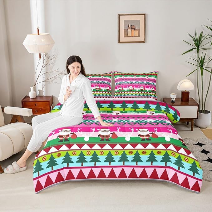 Feelyou Merry Christmas Tree Kids Comforter Set Full Size Cute Snowman Bedding Set Santa Claus Duvet Quilt for Kids Boys Girls Bedroom Cartoon Bowknot Decor Microfiber Ultra Soft Breathable