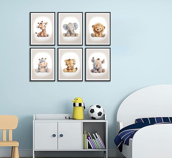 6pcs Nursery Animal Canvas Wall Art Safari Elephant Giraffe Posters Prints Kids Boy Wall Decor Pictures for Baby Boy Girl Toddler Kids Room Decorate Unframed