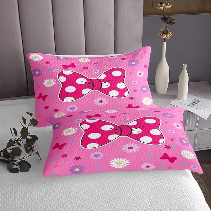 Manfei Pink Bowknot Kids Bedspread King Size,Daisy Flowers Geometric Dot Patchwork Coverlet Set,Girls Women Room Decor,Bow Tie Cute Princess Quilted Coverlet,Dreamy Chic Bedding Quilt,2 Pillowcases