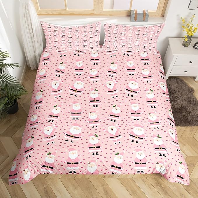 Feelyou Christmas Bedding Set for Kids Boys Girls Cute Santa Claus Comforter Cover Set Cartoon Xmas Theme Duvet Cover Bedroom Decor Pink Dreamy Heart Bedspread Cover Toddler Bedding Collection 2Pcs