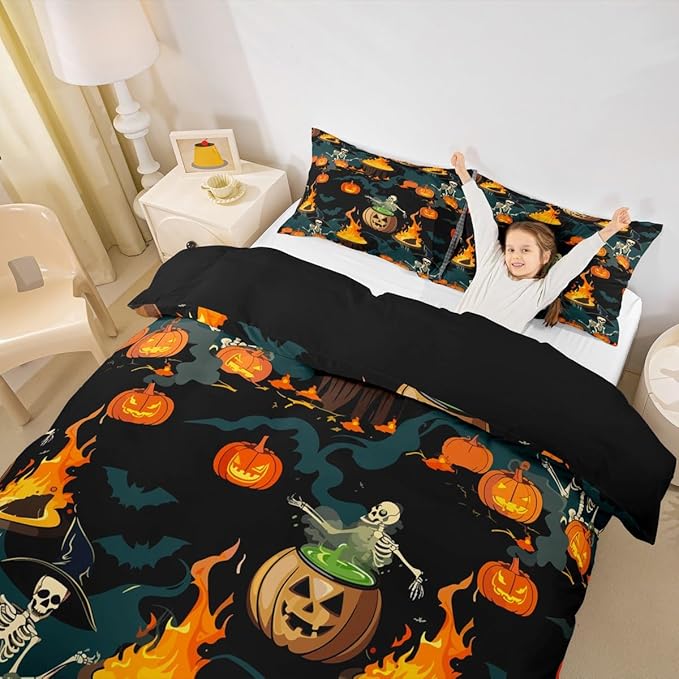 Feelyou Halloween Bedding Set for Kids Horror Skull Skeletons Comforter Cover Set Ghost Duvet Cover Pumpkin Lantern Bats Pattern Bedroom Decor Bedspread Cover Queen Size Bedding Collection 3Pcs