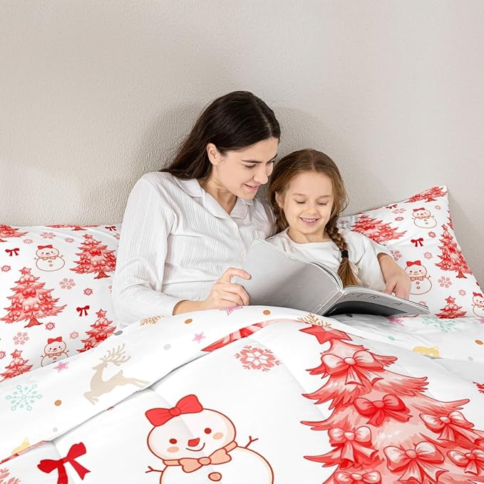 Feelyou Merry Christmas Comforter Set Twin Size Cute Snowman Bedding Set for Kids Boys Girls Cartoon Bowknot Duvet Quilt Christmas Tree Microfiber 2 Pcs with 1 Pillow Cases