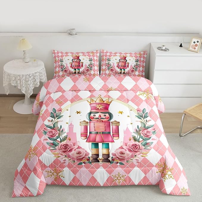 Feelyou Christmas Comforter Set King Size Pink Nutcrackers Bedding Set for Kids Boys Girls Rhombus Pattern Duvet Quilt Floral Bedroom Decor Snowflake Microfiber 3 Pcs with 2 Pillow Cases