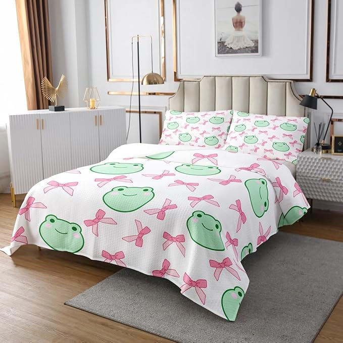 Manfei Pink Bowknot Bedspread King Size,Cartoon Frog Bow Tie Butterfly Knot Princess Coverlet Set,Girls Women Room Decor,Geometric Patchwork Cute Quilted Coverlet,Sweet Bedding Quilt,2 Pillowcases