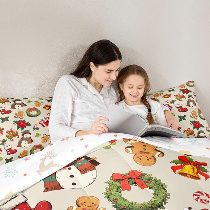 jejeloiu Merry Christmas Comforter Set Queen Size Cute Snowman Bedding Set for Kids Boys Girls Gingerbread Man Duvet Quilt Beige Bedroom Decor