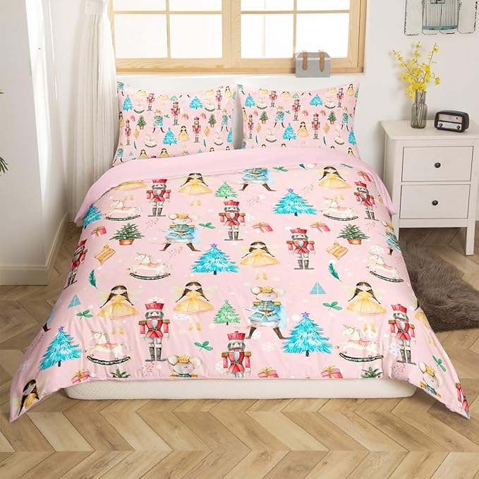 Christmas Nutcracker Decorative Comforter Cover Twin Size Cartoon Mouse Soldier Royal Guarder Princess Duvet Cover Xmas Pine Tree Snowflake Bedding Set Gifts for Kids Boys Girls 1 Pillow Case Pink