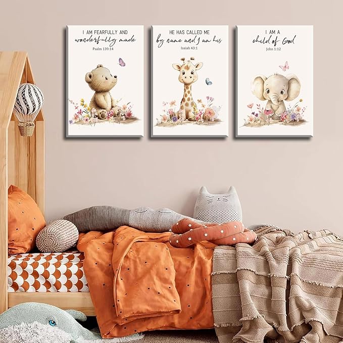 3Pcs Nursery Animal Bible Verse Canvas Wall Art Cute Bear Elephant Giraffe Wall Decor Pictures Christian Baby Nursery Posters Prints for Kids Boys Girls Room Home Decoration 12x16in