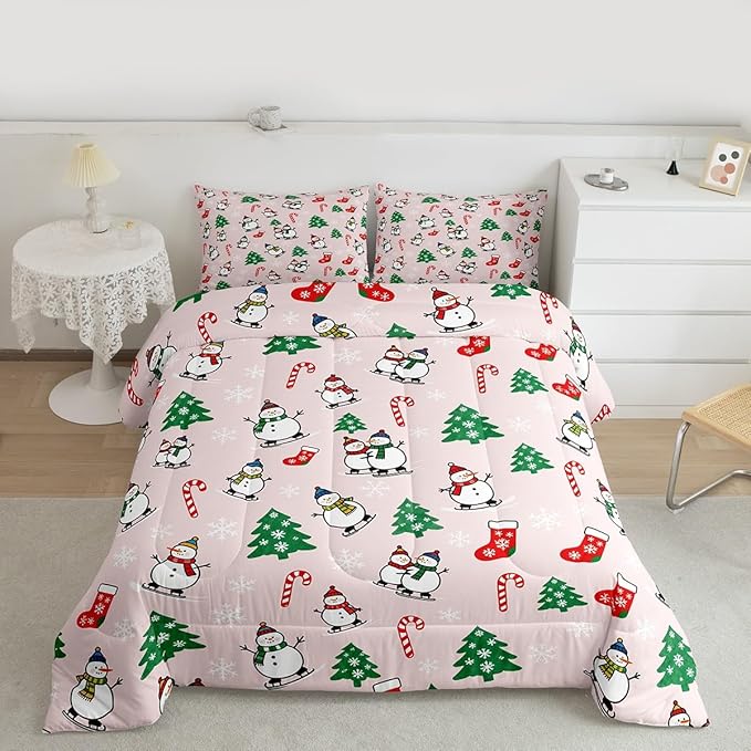 Feelyou Pink Christmas Comforter Set Toddler Size Snowman Bedding Set for Kids Boys Girls Snowflake Duvet Quilt Xmas Tree Bedroom Decor Microfiber 2 Pcs with 1 Pillow Cases