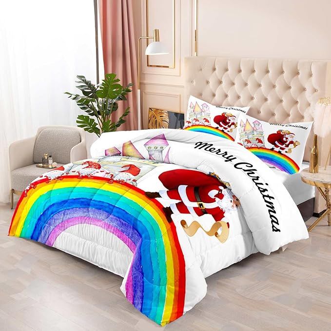 LUVIVIHOME 3PCS Merry Christmas Comforter Set Full Size, Funny Santa Claus Bedding, Gnome Castle Rainbow Christmas Bedroom Decor for Kids Girls Boys Teens, White Quilt, Xmas Gifts, 2 Pillow Cases