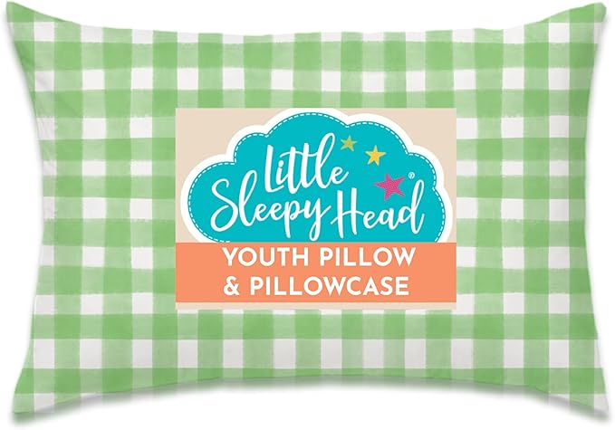 Little Sleepy Head Youth Pillow with Pillowcase 16x22, Soft Jumbo Toddler Pillows, Hypoallergenic Pillow Case - Best Kids Pillows for Sleeping, Perfect Kids Travel Pillows (Gingham Green)