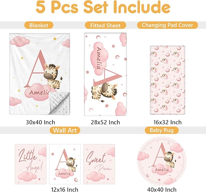 Personalized Baby Crib Bedding Set, 5 Pcs Custom Name Nursery Bedding Set, Pink Zebra Baby Bedding Set for Girls Boys, Double Layer Crib Sets, Customized Gifts for Infants Toddlers New Parents