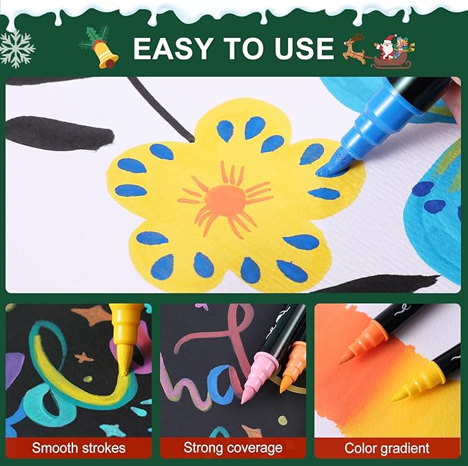 TOSAHRE Acrylic Paint Pens Markers 100 Colors Waterproof Dual Tip Acrylic Markers Set with Brush & Fine Tip Coloring Pens for Rock Painting Wood Scrapbook Fabric Glass Ceramic DIY Craft Art Supplies
