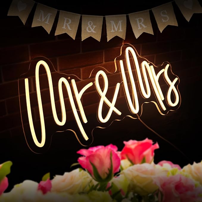 Mr & Mrs Neon Sign for Wall Decor Neon Lights for Teen Bedroom Decor Art Light Up Sign LED Neon Signs for All Party Reunion Decoration USB 21.7x10 Inch (warm white)