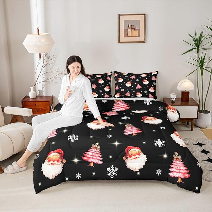 jejeloiu Kids Christmas Theme Comforter Set King Size Xmas Tree Cute Santa Claus Bow Bedding Set for Boys Girls Teens Winter Snowflake Happy New Year Duvet Quilt Room Decor