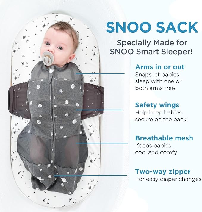 Happiest Baby SNOO Sleep Sack - 100% Organic Cotton Baby Swaddle Blanket - Doctor Designed Promotes Healthy Hip Development (Ivory Planets Black Wings, Medium)