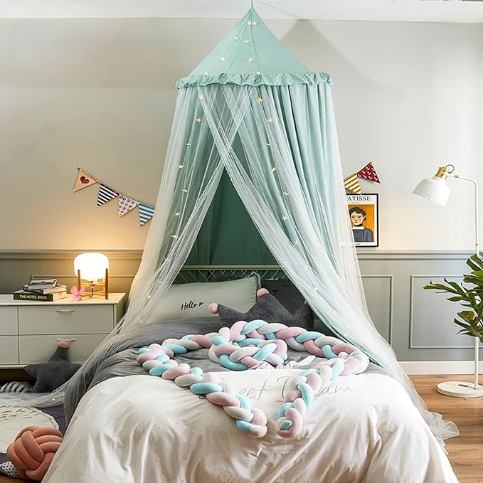 VETHIN Bed Canopy for with Lights,Double Layer Princess Round Dome Dreamy Mosquito Net Bedding Girls Room Castle Play Tent Hanging House Decor Reading Nook Canopies(Green/White)