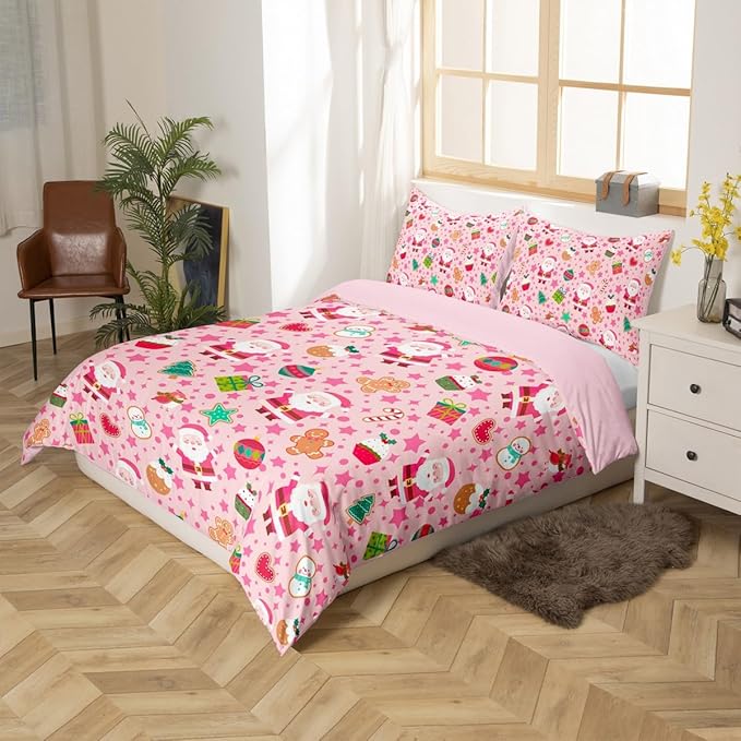 Feelyou Pink Christmas Duvet Cover Full Size Cartoon Santa Claus Gingerbread Man Bedding Set for Boys Girls Snowman Xmas Decor Comforter Cover Reversible Pink Bedroom Decor 3Pcs