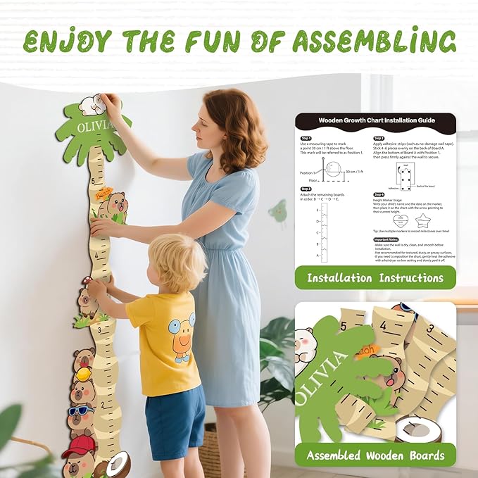 Personalized Name Growth Chart for Wall, Cute Capybara Wood Height Chart for Kids, Boy Girls Height Measurement Growth Measuring Ruler, Toddler Children Playroom Decor