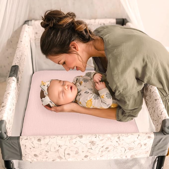 lulumoon Pack and Play Sheets for Girls: Soft Muslin Cotton for Playard Mattress - Stretchy Snug Fit for Guava Family Pack n Play