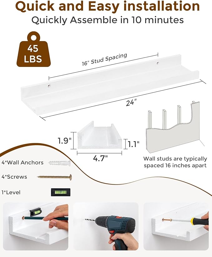 Axeman Oak Picture Ledge Shelf, 24 Inch Floating Shelves Set of 2, Solid Oak Wood Wall Shelves with Lip, Wall Decor Storage for Bedroom Living Room Bathroom Kitchen Nursery Photo Picture, White