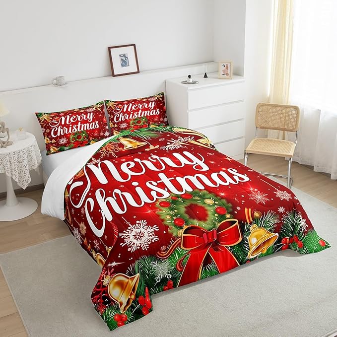 Christmas Wreath Comforter Set Queen Size,Red Bowkont Gold Bell Bedding Set for Kids Boys Girls Room Decor,Snowflake Merry Christmas Duvet Insert 3Pcs,Green Leaves Xmas Theme Quilt Set,2 Pillowcases