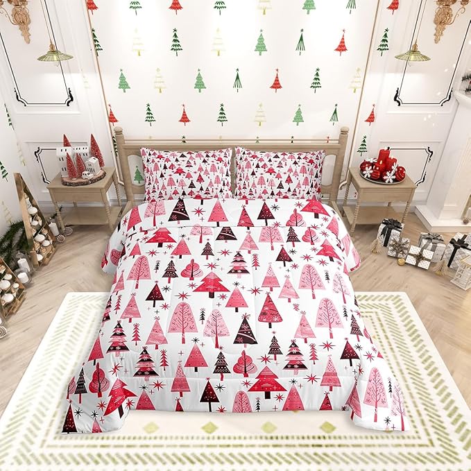 Manfei Pink Xmas Trees Comforter Set Full Size, Christmas Theme Bedding Set 3pcs for Kids Boys Girls Adults Room Decor, Happy New Year Down Comforter Soft Polyester Quilt Set with 2 Pillowcases