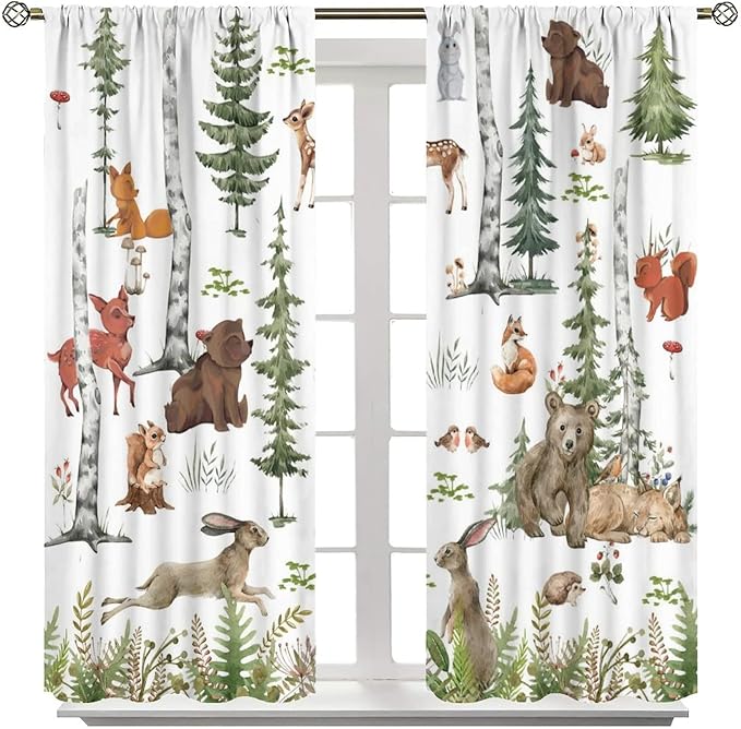 Animal Kids Curtains, Woodland Squirrel Rabbit Bear Animal Friends Forest Curtains for Boys and Girls Bedroom Living Room Kitchen 55x63in