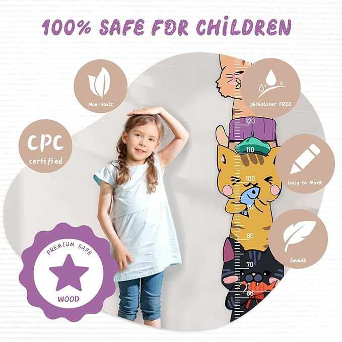 Personalized Name Growth Chart for Wall, Kitten Eating Fish Wooden Height Chart, Thick Height Measuring Board for Boys and Girls, Measurement Ruler for Kids, Easy to Install