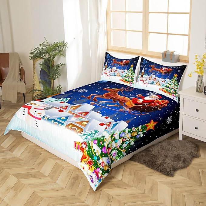Manfei Christmas Duvet Cover Set King Size, Snowman Xmas Tree Santa Claus Bedding Set 3pcs, Reversible Winter Snow Cabin Holiday New Year Quilt Cover with Zipper Closure, 2 Pillowcases, No Comforter