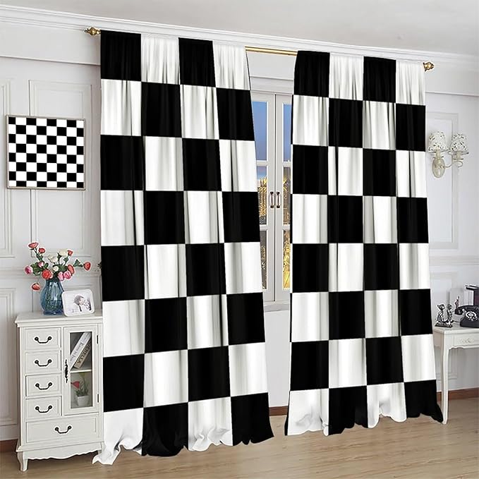Black Checkered Curtains,70s Vintage Twisted Checkered Window Drapes Colorful Groovy Trendy Wavy Hippie Grid Print Window Treatments for Kids Boy Bedroom Living Room 72" W X 63" L