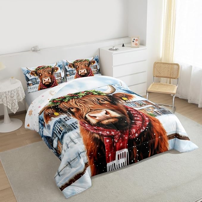 Feelyou Merry Christmas Bedding Set Soft for Boys Girls, Highland Cow Comforter Set Full Size Snowflake Duvet Quilt Microfiber Winter Bedroom Decor 3 Pcs with 2 Pillow Cases