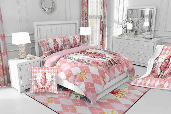 Feelyou Christmas Comforter Set Queen Size Pink Nutcrackers Bedding Set for Kids Boys Girls Rhombus Pattern Duvet Quilt Floral Bedroom Decor Snowflake Microfiber 3 Pcs with 2 Pillow Cases