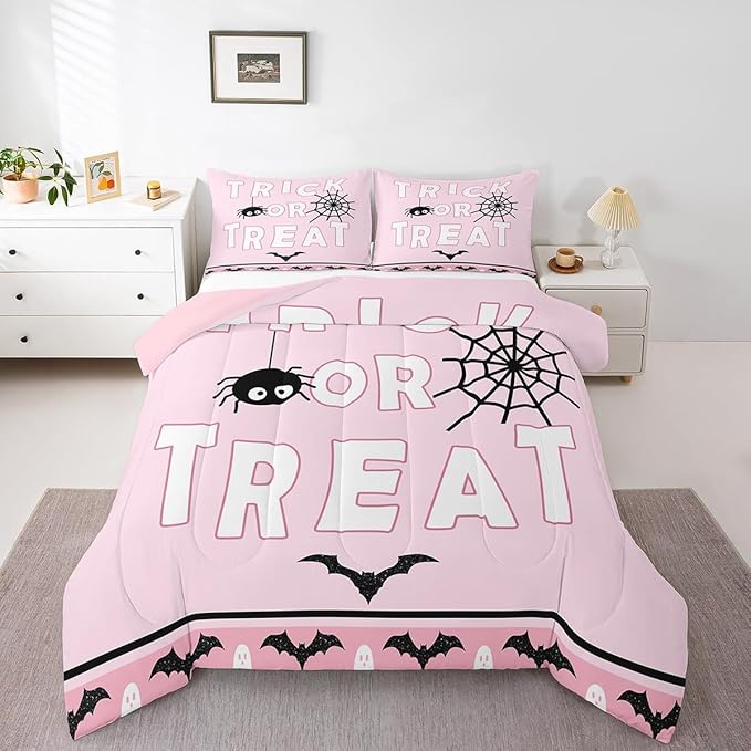 Erosebridal Happy Halloween Comforter Set King Size Spider Web Bedding Set Bat Ghost Quilt for Kids Boys Girls Teens Cartoon Style Bedding Comforter Sets with 2 Pillow Cases