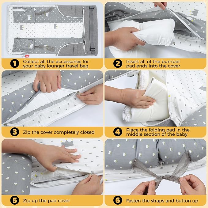 Baby Lounger for Newborn 0-24 Months, Snuggle Cozy Me Portable Infant Lounger with Soft Breathable Cotton, Adjustable Size Lengthen Space Lightweight & Washable Essentials for Home Travel (1. Crown)