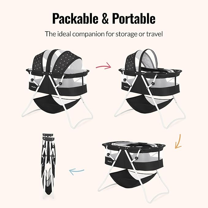 Dream On Me Karley Bassinet, Award Winner Lightweight Travel Baby Bassinet, Foldable Bedside Sleeper, Adjustable Double Canopy, Spacious Design, Soft Fabric, Storage Basket – Black and White