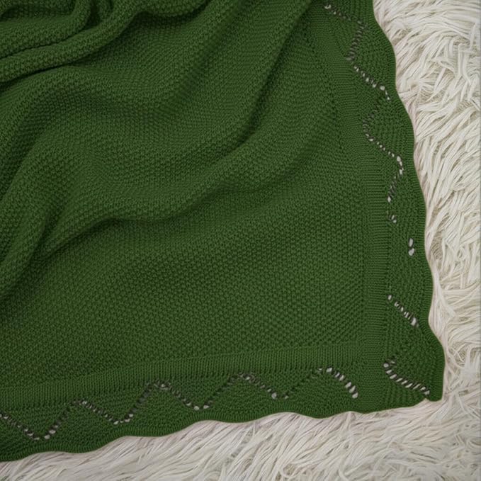 Baby Knit Blanket Soft Breathable Cotton Scallop Border Blankets Newborn Knitted Blanket Swaddle Blankets Gifts for Baby Newborn Toddler Shower Boy Girl New Mom Birthday Christmas Green 28x36